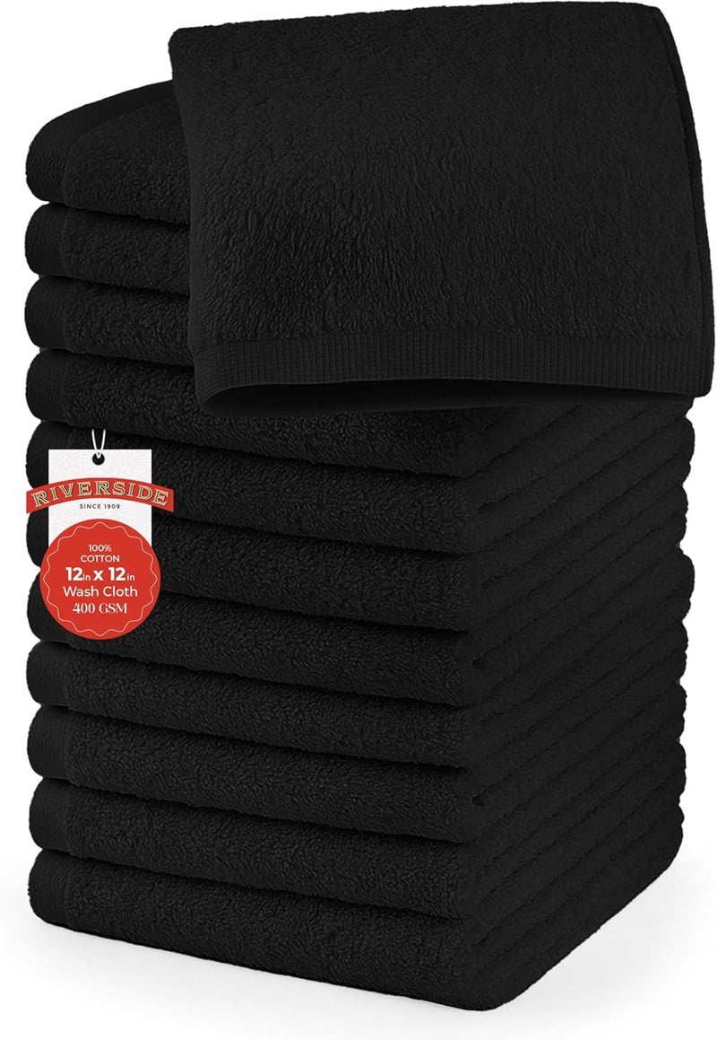 Riverside 12 Pack Washcloths - 12x12 Inches, 500 GSM, 100% Ring-Spun Cotton - Soft, Absorbent & Durable Face and Body Towels - for Bathroom, Spa, Gym, Makeup Removal & Everyday Use - Black - Image 1